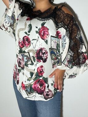 Roberto Cavalli White Silk Blouse with Pink Floral and Tarot Motif